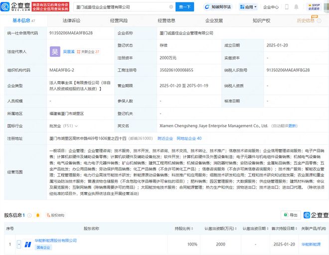 华能新能源厦门布局再落一子，成立企管公司拓展电力电子市场
